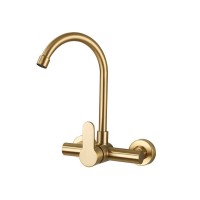 In-wall Cold and Hot Water Brass Material Sink Taps Gold Brushed 2 Holes Kitchen Basin Mixer Wall Mounted Kitchen Sink Faucet